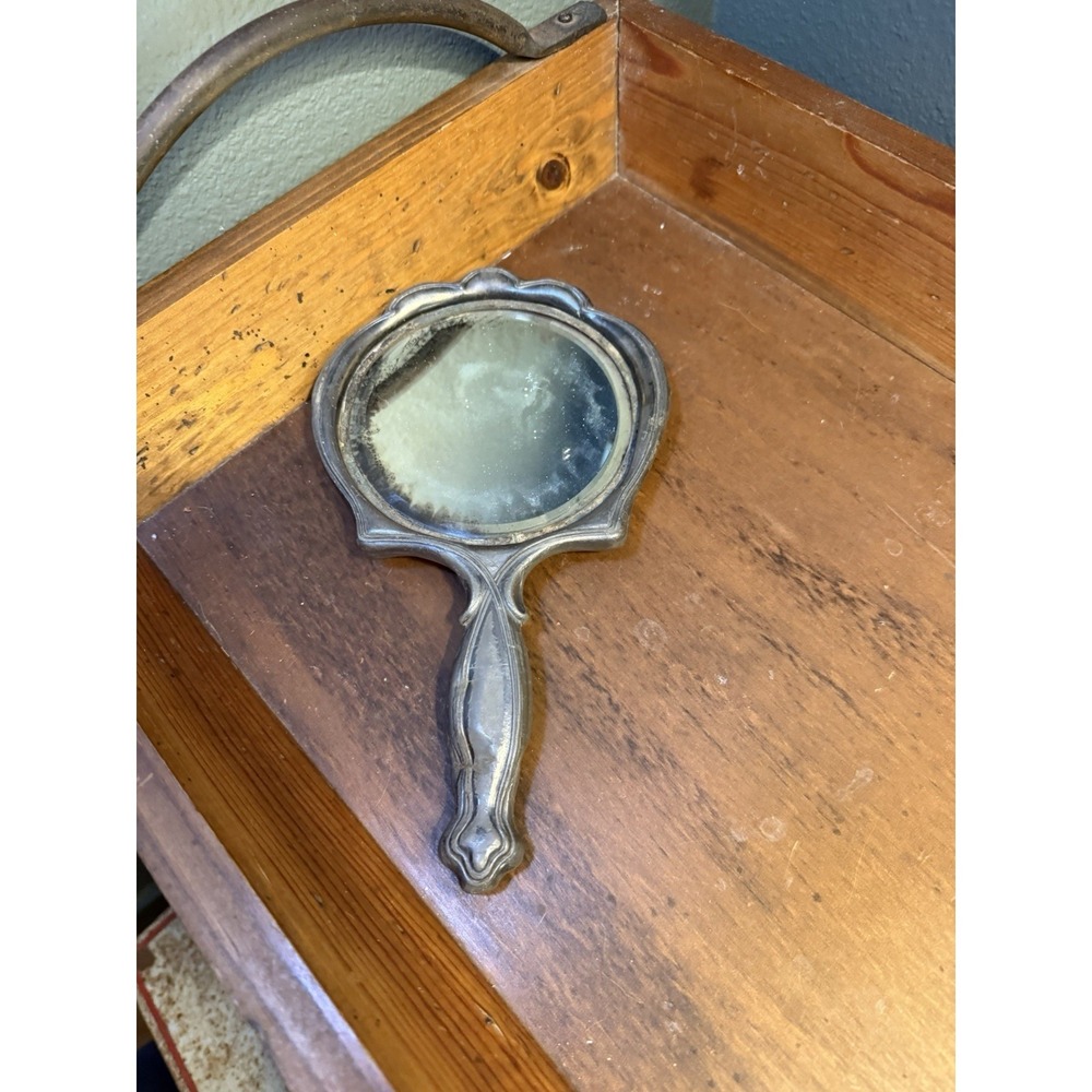 Antique Art Nouveau Hand Mirror Frame Monogrammed Vanity Mirror Silverplate 9"